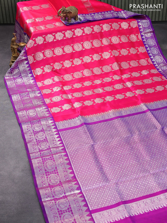 Venkatagiri silk saree dual shade of pinkish orange and dual shade of purple with allover silver zari weaves and rich silver zari woven annam border