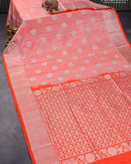 Venkatagiri silk saree orange shade and orange with floral silver zari woven buttas and silver zari woven border
