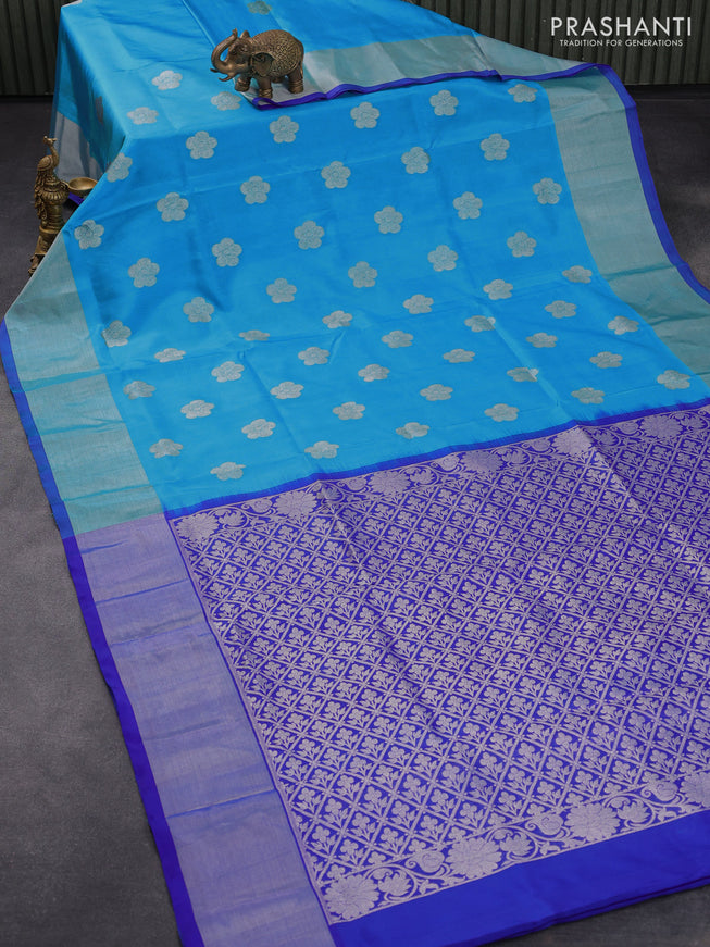 Venkatagiri silk saree light blue and blue with floral silver zari woven buttas and silver zari woven border