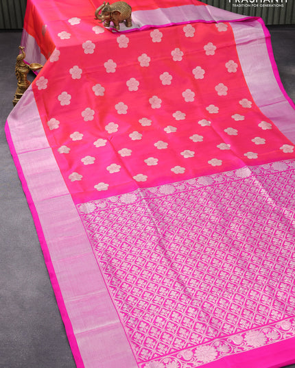 Venkatagiri silk saree dual shade of candy pink and pink with floral silver zari woven buttas and silver zari woven border