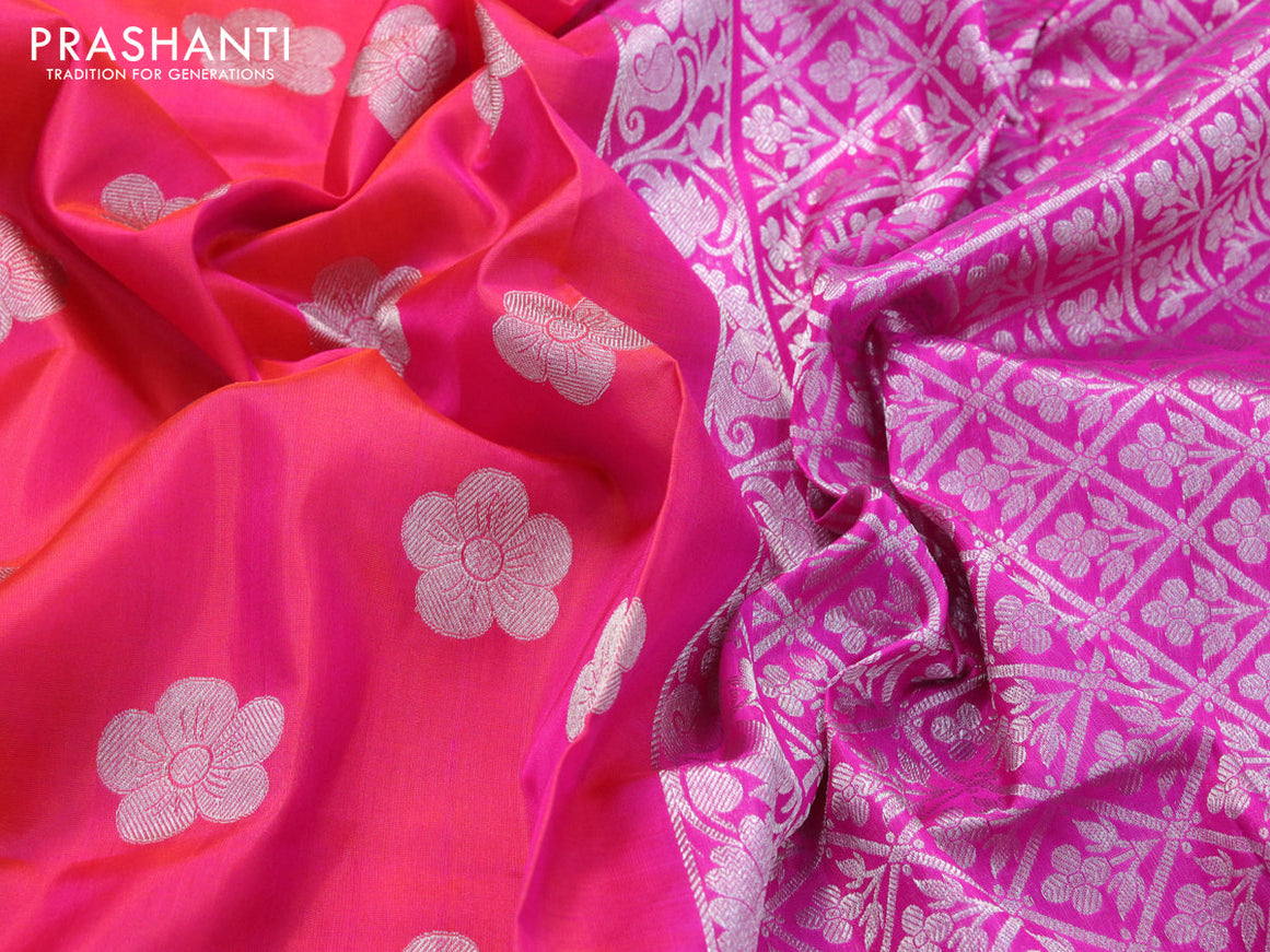 Venkatagiri silk saree dual shade of candy pink and pink with floral silver zari woven buttas and silver zari woven border