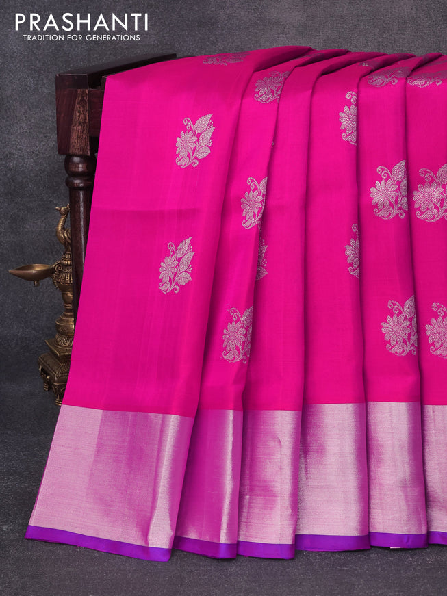Venkatagiri silk saree magenta pink and blue with floral silver zari woven buttas and silver zari woven border
