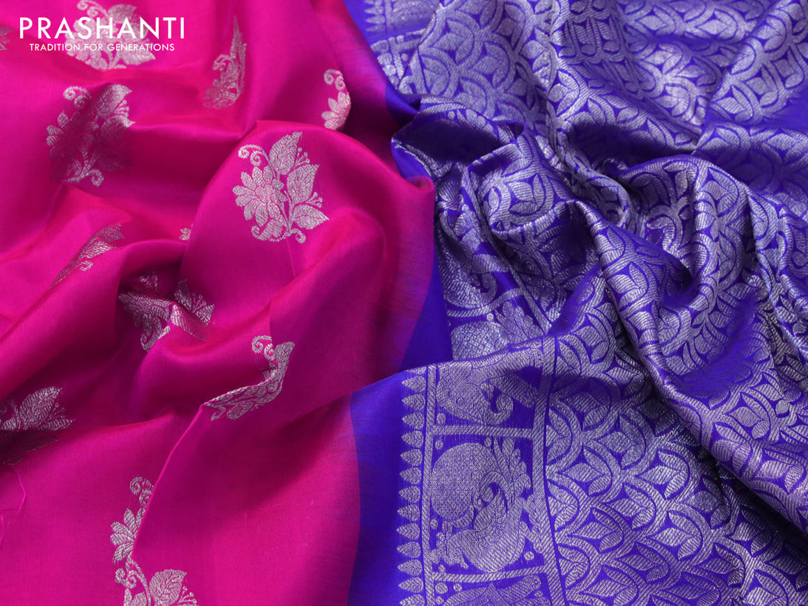 Venkatagiri silk saree magenta pink and blue with floral silver zari woven buttas and silver zari woven border