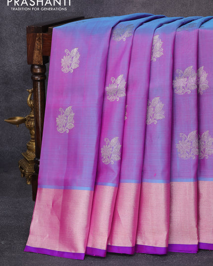 Venkatagiri silk saree dual shade of bluish pink and blue with floral silver zari woven buttas and silver zari woven border