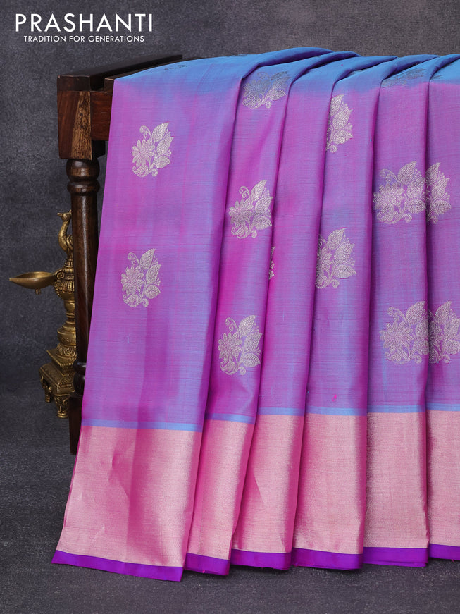 Venkatagiri silk saree dual shade of bluish pink and blue with floral silver zari woven buttas and silver zari woven border