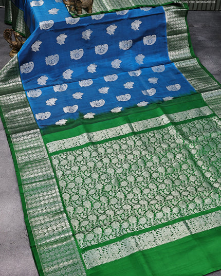 Venkatagiri silk saree cs blue and green with silver zari woven buttas and rich zari woven border