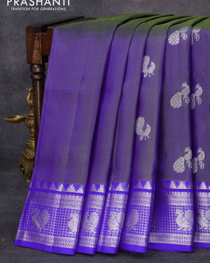 Venkatagiri silk saree dual shade of blue and royal blue with peacock & annam silver woven buttas and silver zari woven annam border