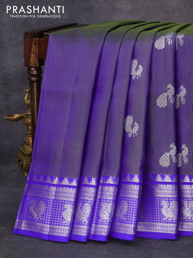 Venkatagiri silk saree dual shade of blue and royal blue with peacock & annam silver woven buttas and silver zari woven annam border