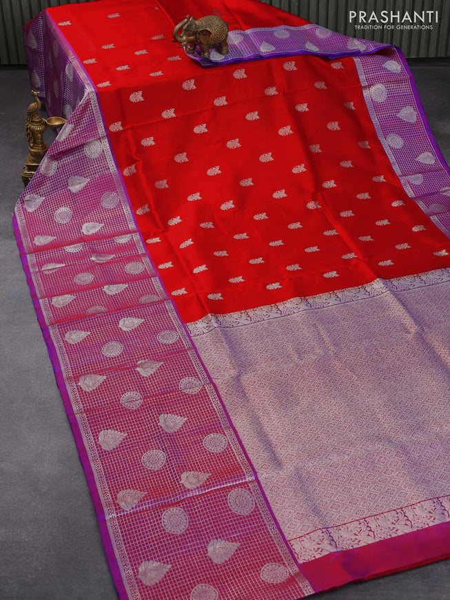 Venkatagiri silk saree red and dual shade of purple with silver zari woven buttas and long silver zari checks & butta border