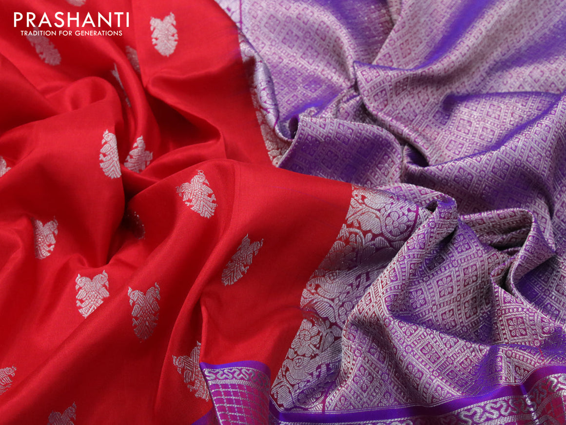 Venkatagiri silk saree red and dual shade of purple with silver zari woven buttas and long silver zari checks & butta border