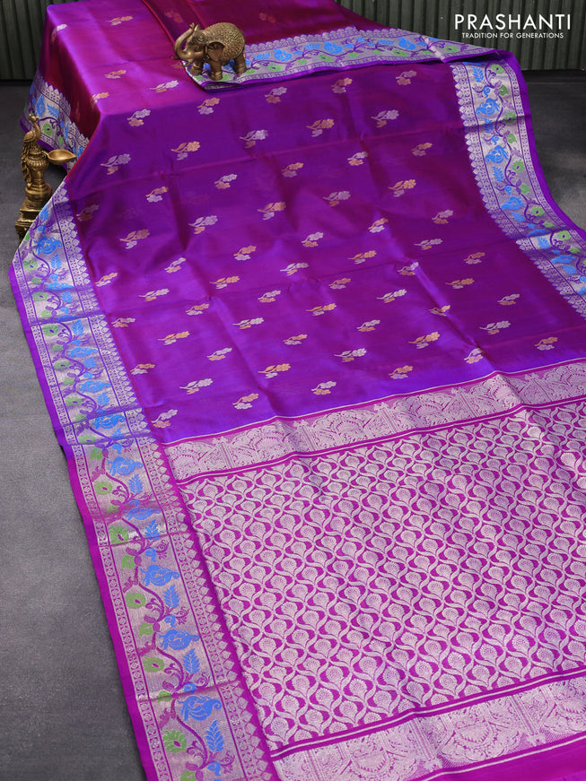 Venkatagiri silk saree dual shade of purple and purple with silver & gold zari woven floral buttas and silver zari woven paithani border