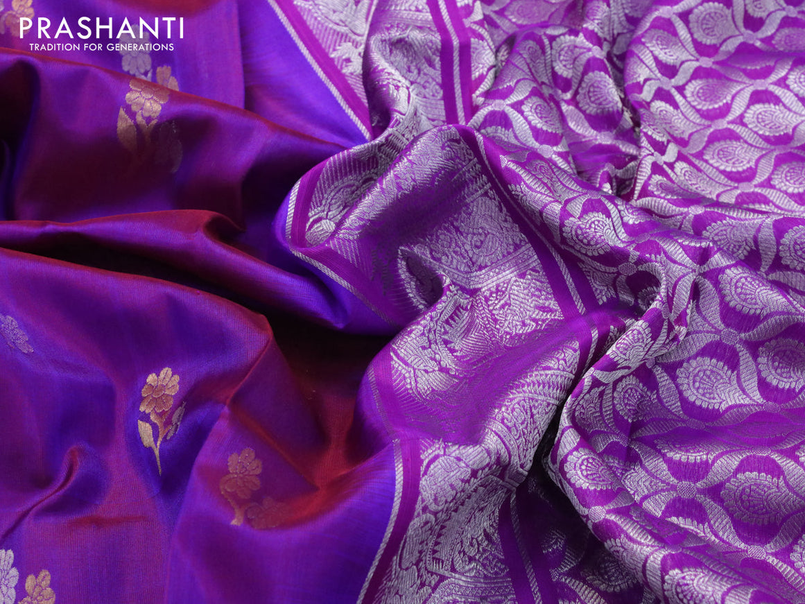 Venkatagiri silk saree dual shade of purple and purple with silver & gold zari woven floral buttas and silver zari woven paithani border