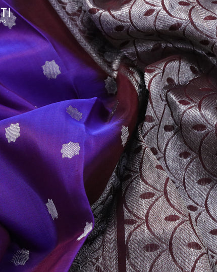 Venkatagiri silk saree dual shade of blue and deep maroon with allover silver zari woven buttas and rich zari woven annam border