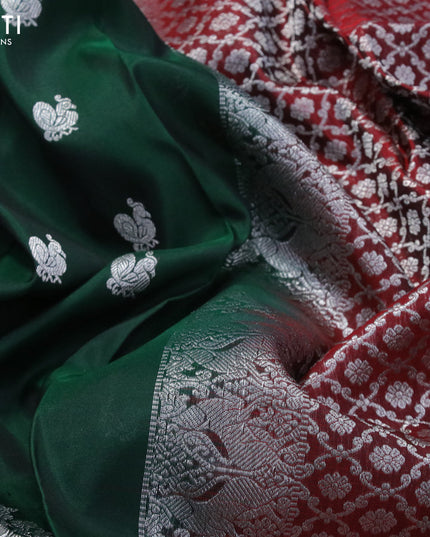 Venkatagiri silk saree dark green and maroon with silver zari woven annam buttas and long rich rettapet zari woven border