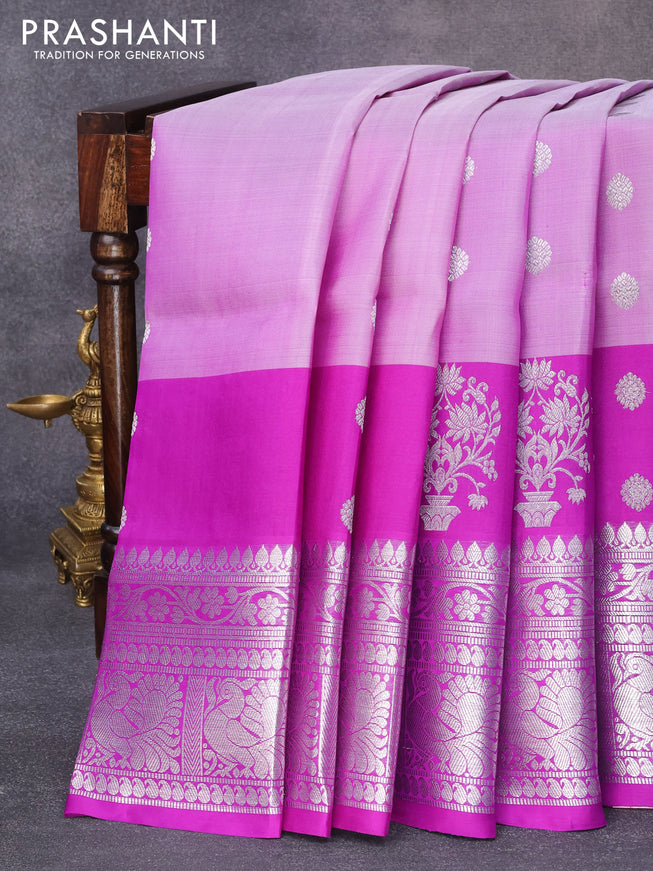 Venkatagiri silk saree lavender and violet with silver zari woven buttas and long floral silver zari woven border