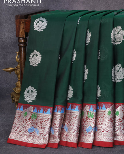 Venkatagiri silk saree bottle green and maroon with silver zari woven floral buttas and rich silver zari woven peacock design paithani border