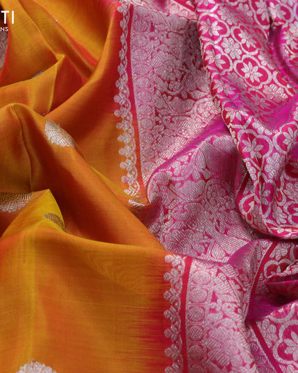 Venkatagiri silk saree dual shade of mango yellow and pink with silver zari woven buttas and rich silver & gold zari woven border
