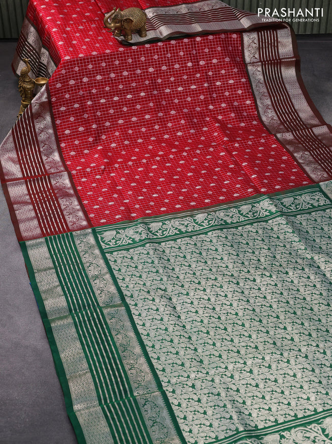 Venkatagiri silk saree red and dark green with allover silver zari checks & butta weaves and long silver zari woven border