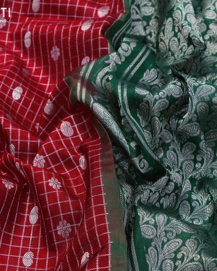Venkatagiri silk saree red and dark green with allover silver zari checks & butta weaves and long silver zari woven border