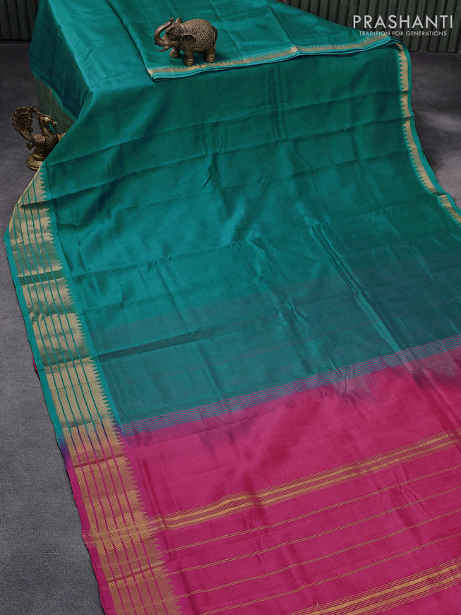 Mangalgiri silk cotton saree peacock green and rust shade with plain body and zari woven border & kalamkari hand painted blouse