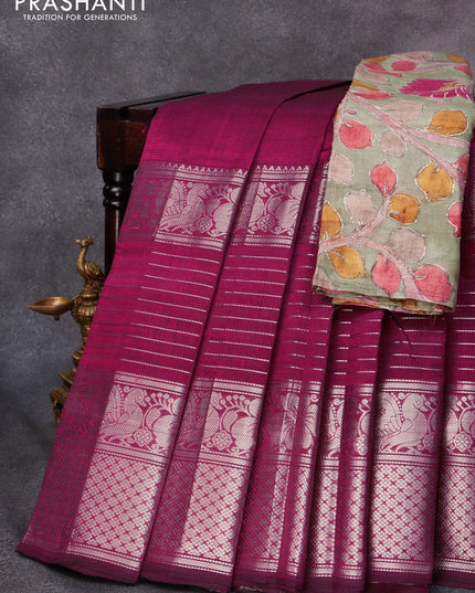 Mangalgiri silk cotton saree dark magenta pink and elaichi green shade with plain body and long silver zari woven border & kalamkari hand painted blouse