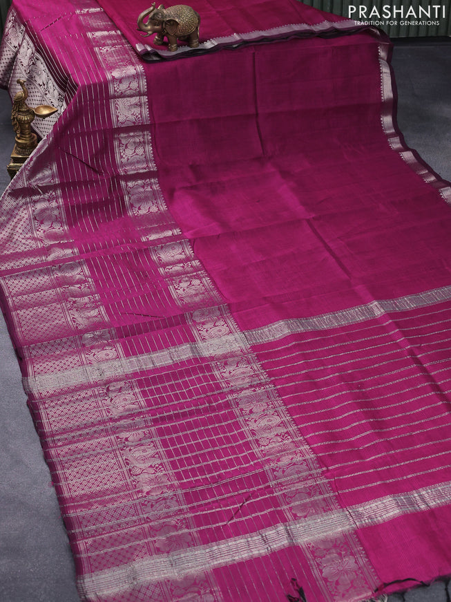 Mangalgiri silk cotton saree dark magenta pink and elaichi green shade with plain body and long silver zari woven border & kalamkari hand painted blouse