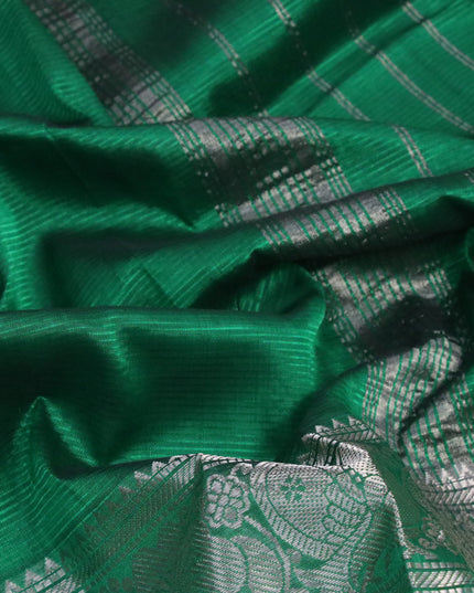Mangalgiri silk cotton saree green and mehendi green with plain body and long silver zari woven border & kalamkari hand painted blouse