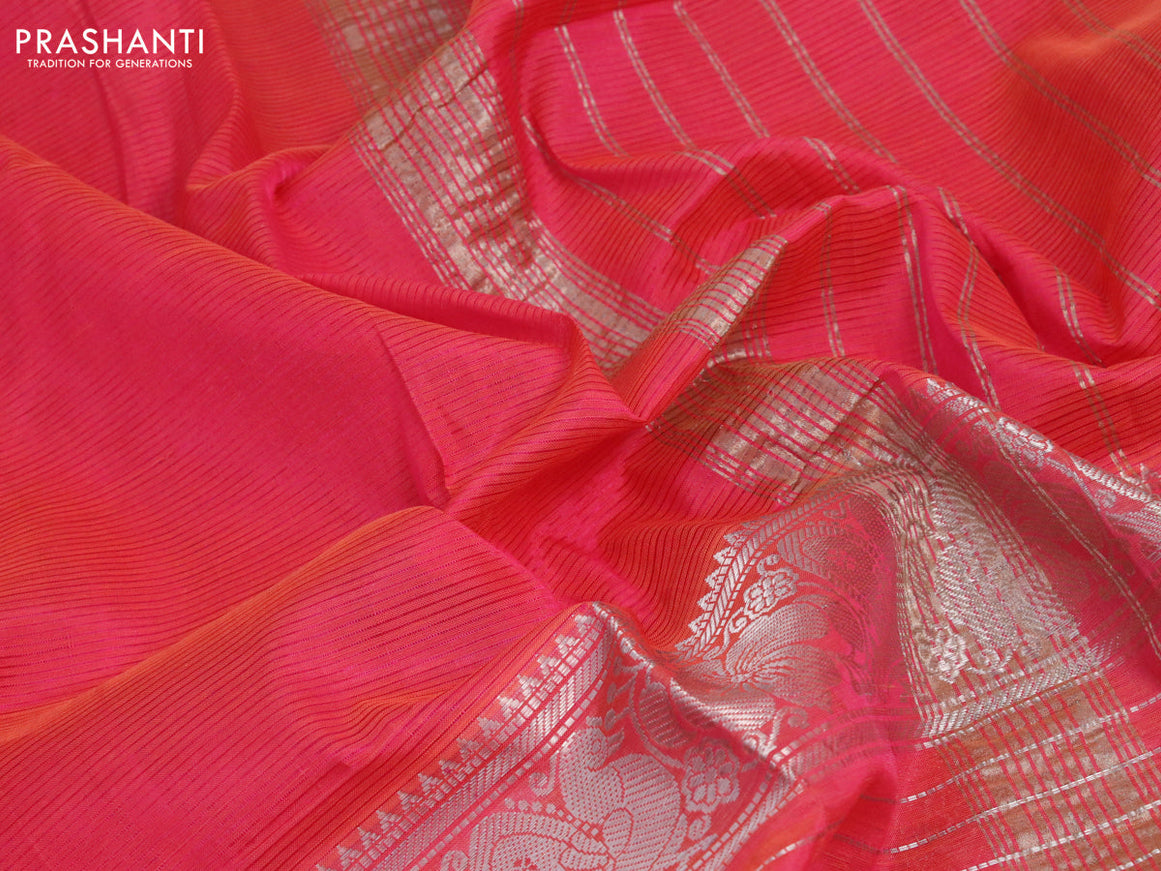 Mangalgiri silk cotton saree dual shade of pinkish orange and elephant grey with plain body and long silver zari woven border & kalamkari hand painted blouse