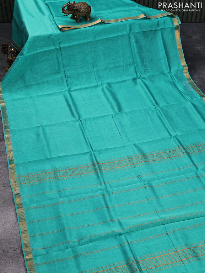 Mangalgiri silk cotton saree teal green and mustard yellow with plain body and zari woven border & kalamkari hand painted blouse