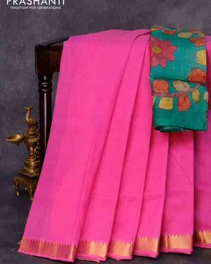 Mangalgiri silk cotton saree candy pink and green with plain body and zari woven border & kalamkari hand painted blouse