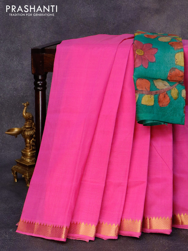 Mangalgiri silk cotton saree candy pink and green with plain body and zari woven border & kalamkari hand painted blouse