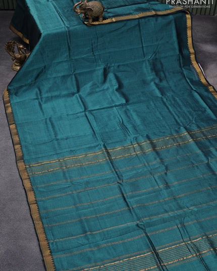 Mangalgiri silk cotton saree peacock green and teal shade with plain body and zari woven border & kalamkari hand painted blouse