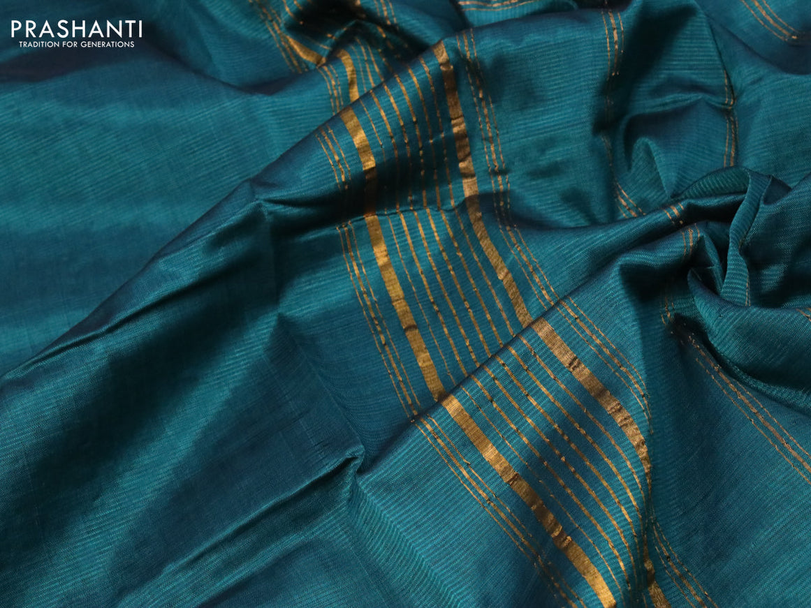 Mangalgiri silk cotton saree peacock green and teal shade with plain body and zari woven border & kalamkari hand painted blouse