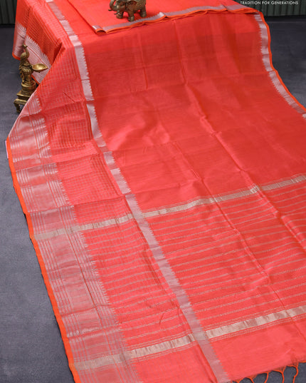 Mangalgiri silk cotton saree dual shade of pinkish orange and cs blue with plain body and long silver zari woven checks border & kalamkari hand painted blouse