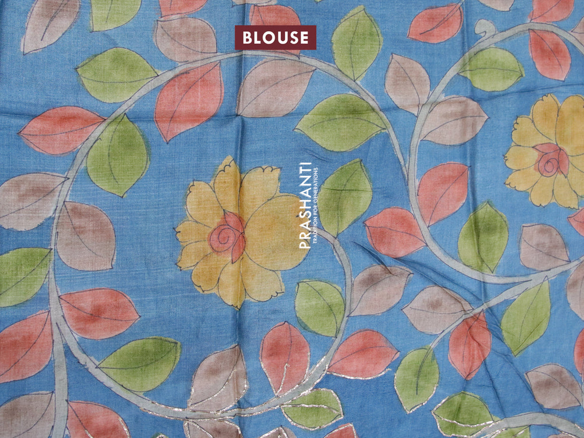 Mangalgiri silk cotton saree dual shade of pinkish orange and cs blue with plain body and long silver zari woven checks border & kalamkari hand painted blouse
