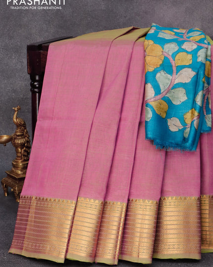 Mangalgiri silk cotton saree dual shade of pinkish green and cs blue with plain body and zari woven border & kalamkari hand painted blouse