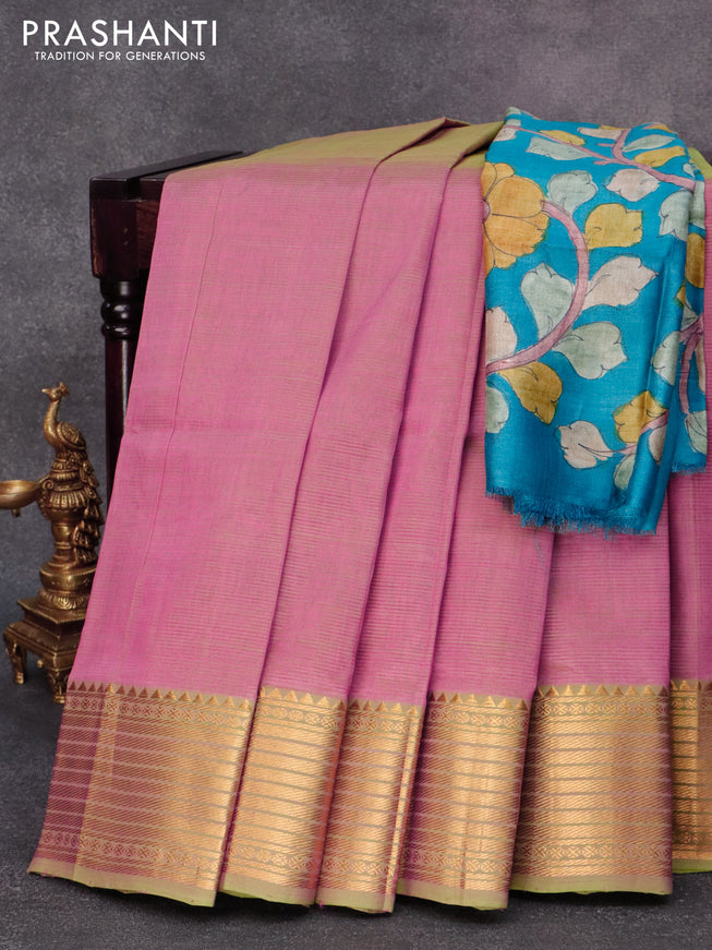 Mangalgiri silk cotton saree dual shade of pinkish green and cs blue with plain body and zari woven border & kalamkari hand painted blouse