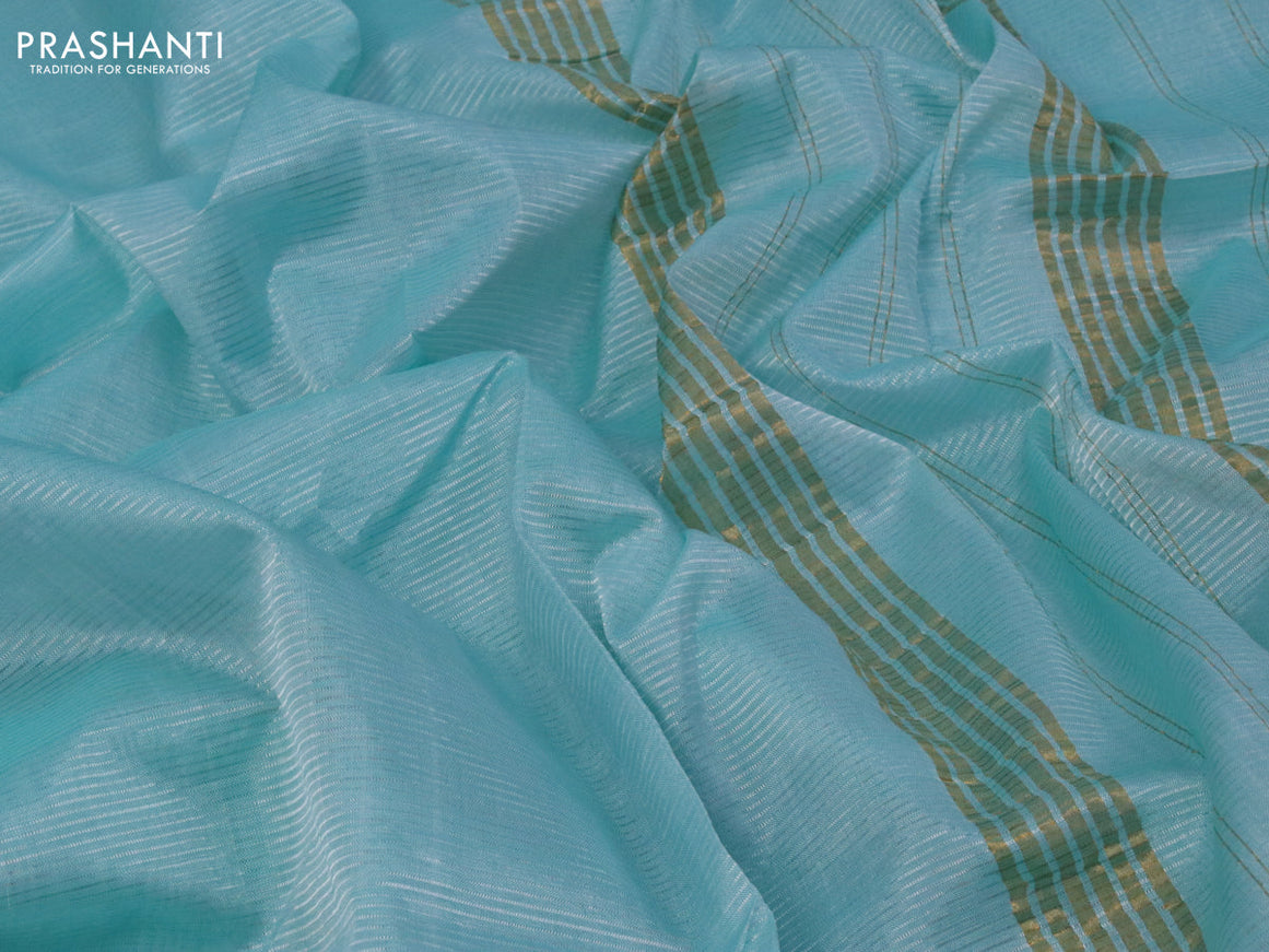 Mangalgiri silk cotton saree light blue and peacock blue with plain body and zari woven border & kalamkari hand painted blouse