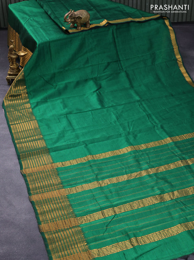 Mangalgiri silk cotton saree green and dark grey with plain body and zari woven border & kalamkari hand painted blouse