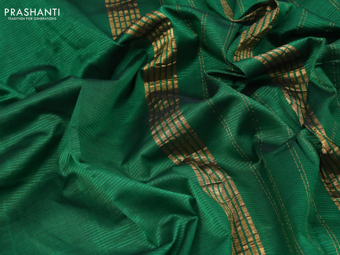 Mangalgiri silk cotton saree green and dark grey with plain body and zari woven border & kalamkari hand painted blouse