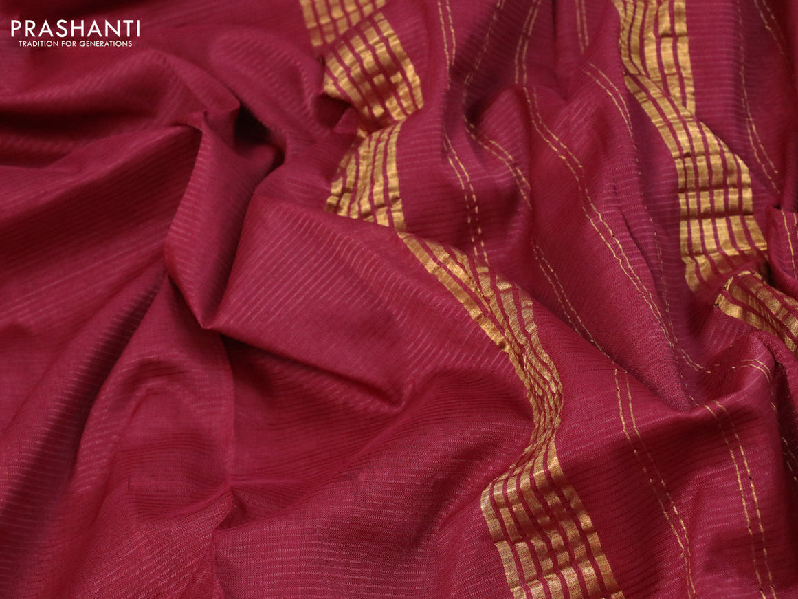 Mangalgiri silk cotton saree maroon and green with plain body and long silver zari woven checks border & kalamkari hand painted blouse