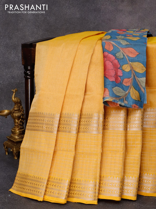 Mangalgiri silk cotton saree yellow and grey with plain body and long silver zari woven checks border & kalamkari hand painted blouse