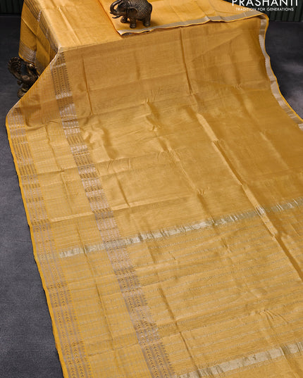 Mangalgiri silk cotton saree yellow and grey with plain body and long silver zari woven checks border & kalamkari hand painted blouse