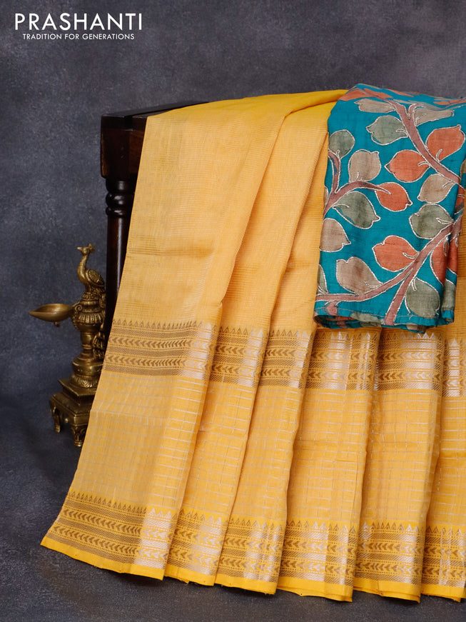 Mangalgiri silk cotton saree yellow and peacock green with plain body and long silver zari woven checks border & kalamkari hand painted blouse