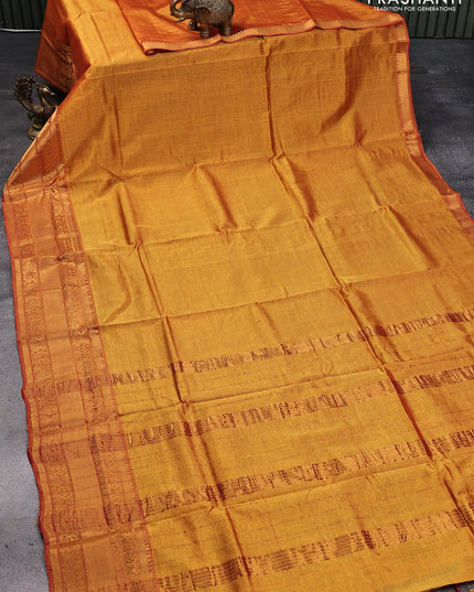 Mangalgiri silk cotton saree dual shade of mustard yellow and cs blue with plain body and annam zari woven border & kalamkari hand painted blouse