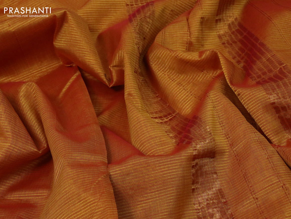 Mangalgiri silk cotton saree dual shade of mustard yellow and cs blue with plain body and annam zari woven border & kalamkari hand painted blouse