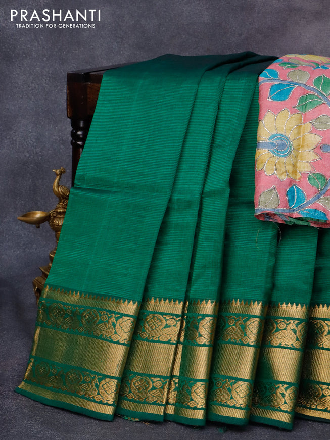 Mangalgiri silk cotton saree green and pink with plain body and annam zari woven border & kalamkari hand painted blouse