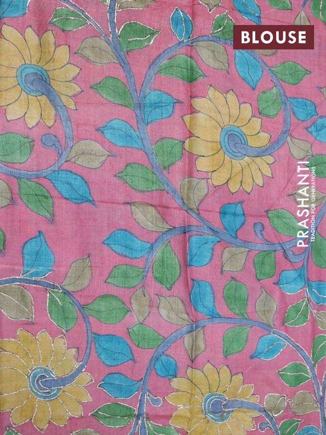 Mangalgiri silk cotton saree green and pink with plain body and annam zari woven border & kalamkari hand painted blouse