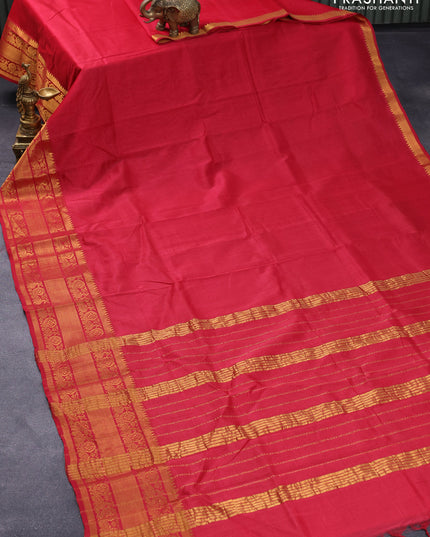 Mangalgiri silk cotton saree red and bluish grey with plain body and annam zari woven border & kalamkari hand painted blouse