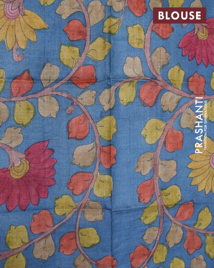 Mangalgiri silk cotton saree red and bluish grey with plain body and annam zari woven border & kalamkari hand painted blouse